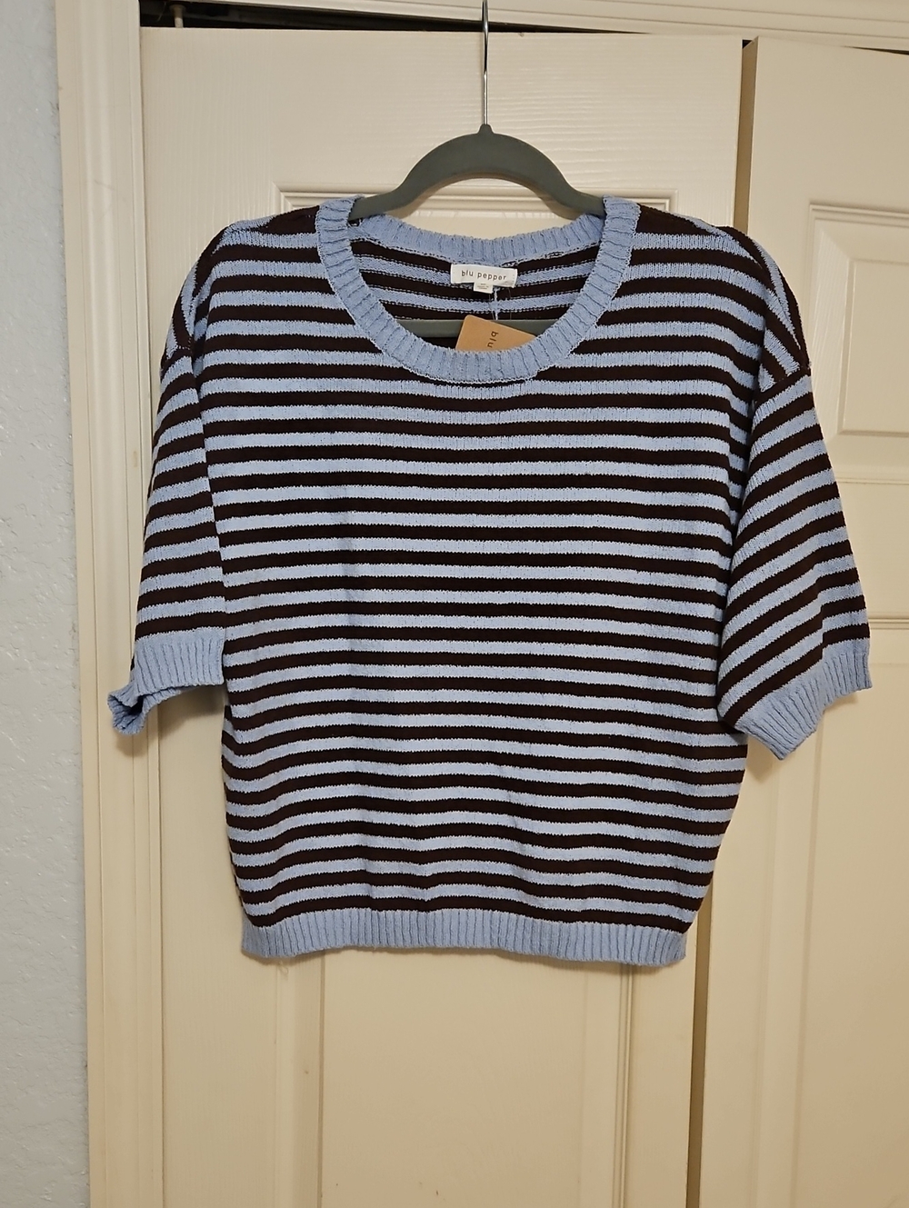 Striped Short-Sleeve Sweater in Light Blue and Brown